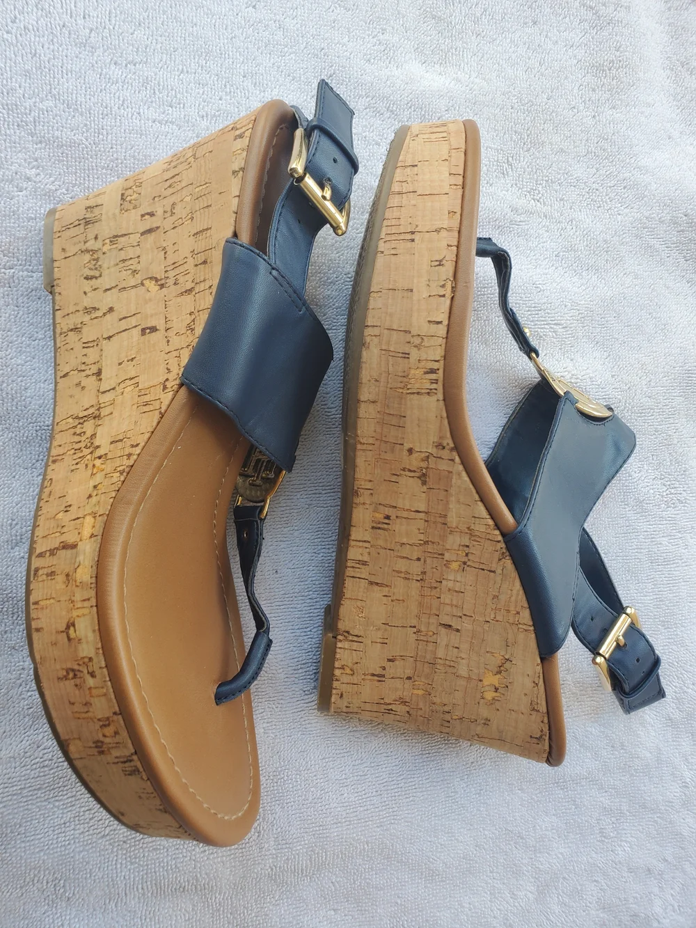 Tommy Hilfiger Navy and Tan Wedge Thong Sandals with Gold Logo